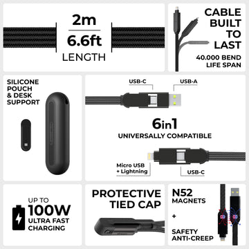 inCharge® XL 2m / 6.6ft - 100W, 6in1 super long cable - Urban Black - Black inCharge XL 2m 6-in-1 charging cable with silicone pouch and magnetic connectors. - Rolling Square
